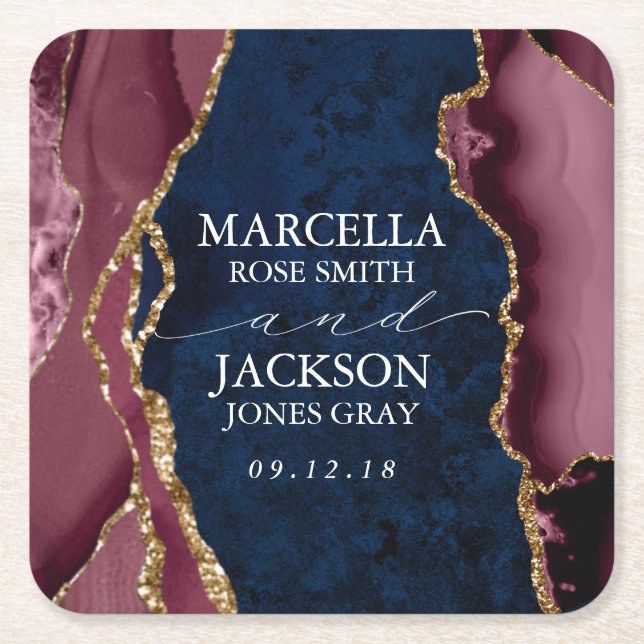 Navy, Burgundy & Gold Agate Wedding Square Paper Coaster (Front)
