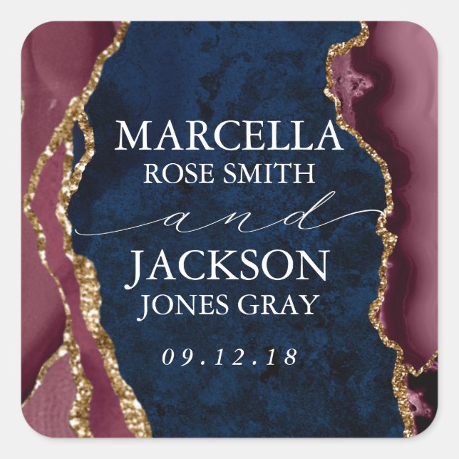 Navy, Burgundy & Gold Agate Wedding Square Sticker (Front)