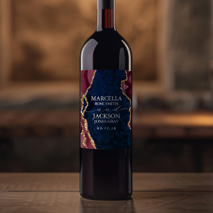 Navy, Burgundy & Gold Agate Wedding Wine Label