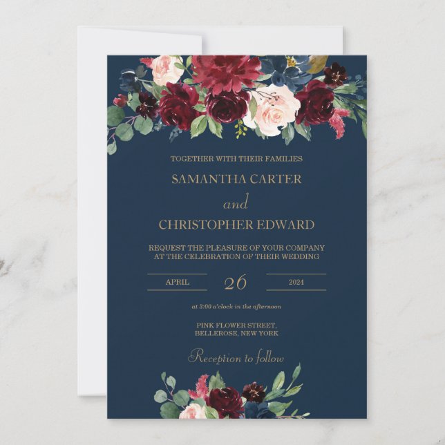 Navy burgundy gold blush pink floral wedding invitation (Front)