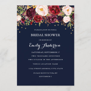 Navy Burgundy Gold Confetti Floral Bridal Shower Invitation