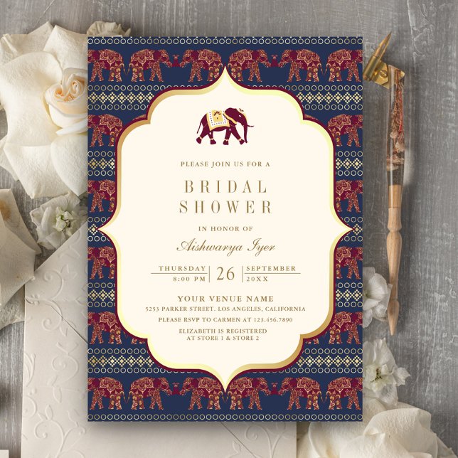 Navy Burgundy Gold Elephant Indian Bridal Shower Invitation (Creator Uploaded)