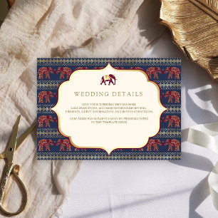 Navy Burgundy Gold Elephant Indian Wedding Details Enclosure Card