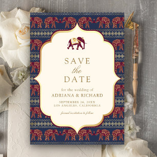 Navy Burgundy Gold Elephant Indian Wedding Photo Save The Date
