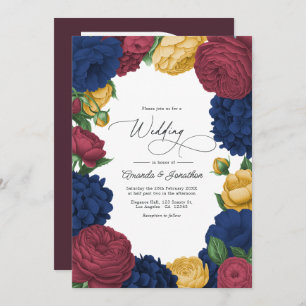 Navy, Burgundy & Gold Floral Wedding Invitation