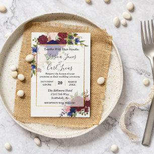 Navy Burgundy Gold Frame Gold Wedding Invitation