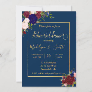 Navy Burgundy Gold Rehearsal Dinner Wedding Invitation