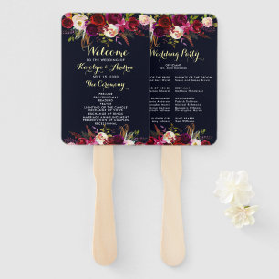 Navy Burgundy Marsala Boho Floral Wedding Program Hand Fan