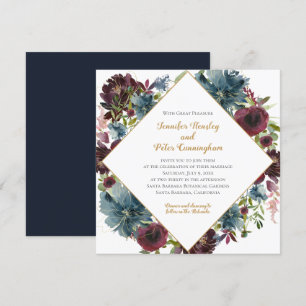 Navy Burgundy Marsala Gold Floral   Square Wedding Invitation