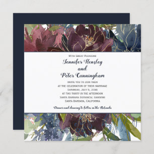 Navy Burgundy Marsala Gold Floral   Square Wedding Invitation