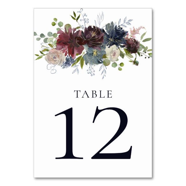 Navy Burgundy Marsala Gold Greenery Wedding Table Number (Front)