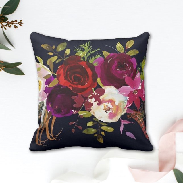 Navy Burgundy Marsala Rustic Bohemian Floral Cushion (Creator Uploaded)