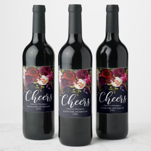 Navy Burgundy Marsala Rustic Boho Floral Cheers Wine Label