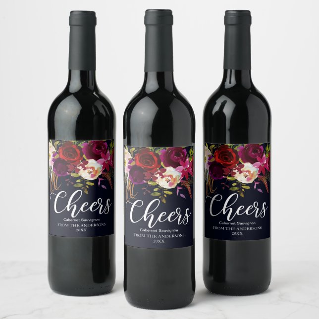 Navy Burgundy Marsala Rustic Boho Floral Cheers Wine Label (Bottles)