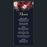 Navy Burgundy Marsala Wedding Menu Card<br><div class="desc">Bohemian style wedding menu card featuring watercolor illustration of burgundy,  red and pink peonies and roses with feathers accent. Matching items are also available. Please click the "Customise" button to change fonts,  sizes and colours.</div>