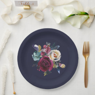 Navy Burgundy Merlot Floral Wedding Dinner Paper Plate