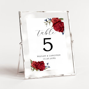 Navy Burgundy Peony Flower Wedding Table Number