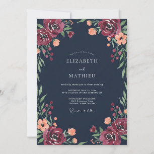 Navy Burgundy Peony Wedding Invitation