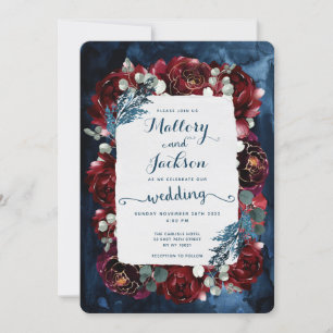 Navy Burgundy Peony Wedding Invitation Suite