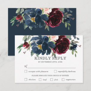 Navy Burgundy Pink Floral Wedding Meal Choice RSVP Card