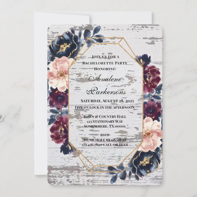 Navy Burgundy Pink Peony Wood Bachelorette Party Invitation (Front)