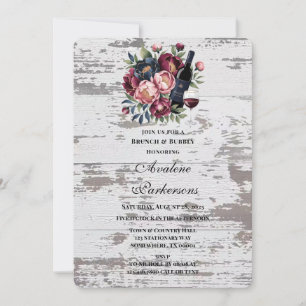 Navy Burgundy Pink Peony Wood Brunch & Bubbly Invitation