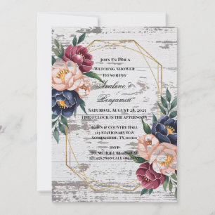 Navy Burgundy Pink Peony Wood Wedding Shower  Invitation