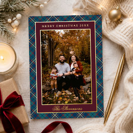 Navy Burgundy Plaid Vintage Wreath Photo Christmas Foil Holiday Card