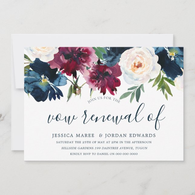 Navy Burgundy Red Burgundy Floral vow renewal Invitation (Front)