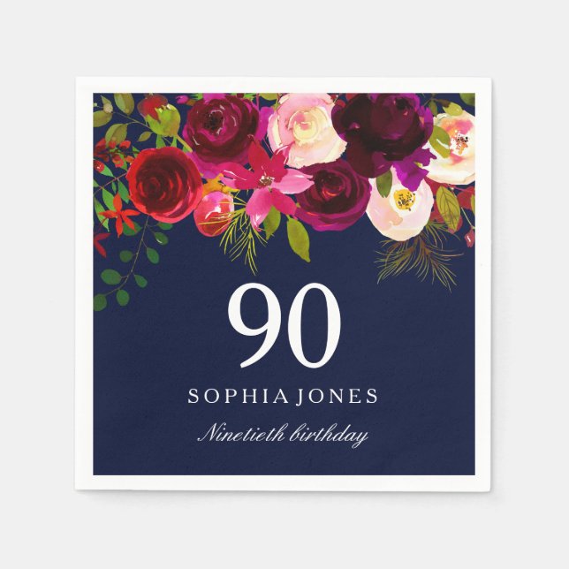 Navy & Burgundy Red Floral 90th Birthday Party Napkin (Front)