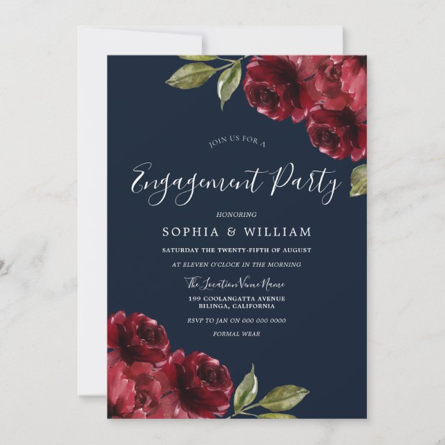 Navy & Burgundy Red Flowers Engagement Party Invitation (Front)