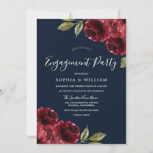 Navy & Burgundy Red Flowers Engagement Party Invitation