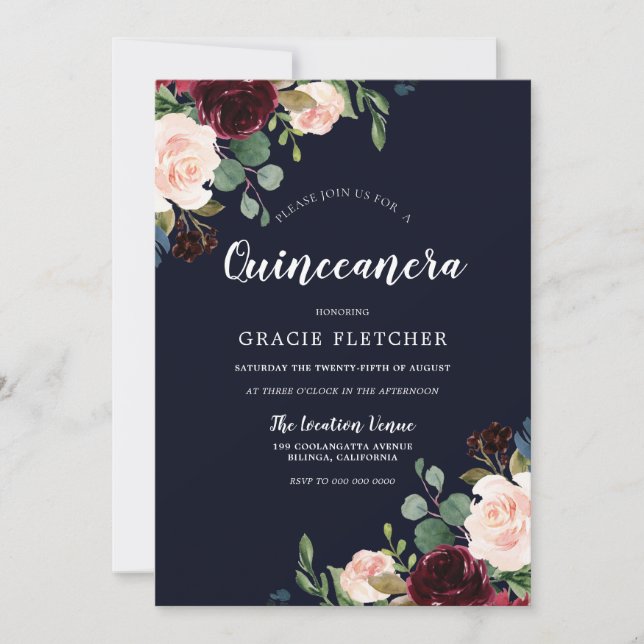 Navy & Burgundy Red Flowers Quinceanera Party Invitation (Front)