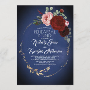 Navy Burgundy Red Gold Floral Rehearsal Dinner Invitation