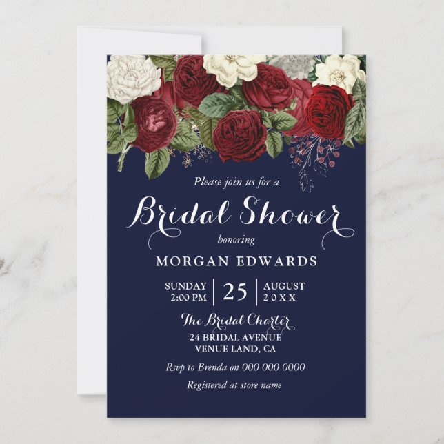 Navy & Burgundy Red White Floral Bridal Shower Invitation (Front)