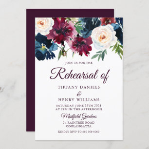 Navy & Burgundy Red Wine Flowers Rehearsal Dinner Invitation