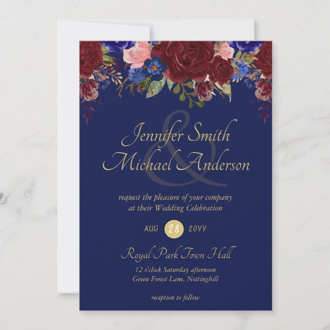 Navy Burgundy Rose Floral Wedding Invitations (Front)