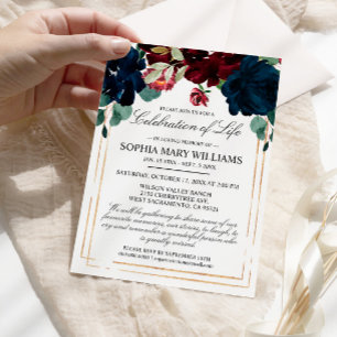 Navy & Burgundy Rose Funeral Celebration of Life Invitation