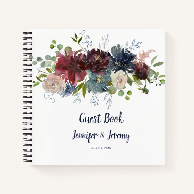 Navy Burgundy Rose Gold Floral Header Guest Book (Front)