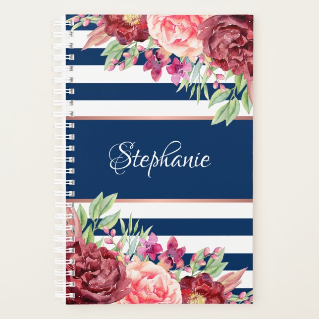 Navy Burgundy Stripes Floral Monogram Planner (Front)