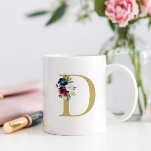 Navy Burgundy Watercolor Floral Monogram Initial Coffee Mug