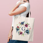 Navy Burgundy Watercolor Floral Monogram Initial Tote Bag<br><div class="desc">Elegant custom tote bag features a beautiful watercolor floral wreath design in navy blue,  burgundy,  merlot,  and blush pink with greenery. Personalise the navy blue coloured text with a first name initial. Makes a unique gift for your bridesmaids and other members of your bridal party.</div>