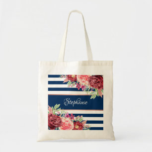 Navy Burgundy Watercolor Floral Monogram Stripes Tote Bag