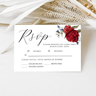 Navy Burgundy Watercolor Flower Wedding RSVP Card