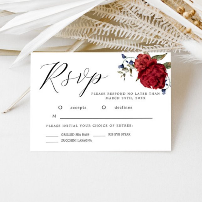 Navy Burgundy Watercolor Flower Wedding RSVP Card (Creator Uploaded)