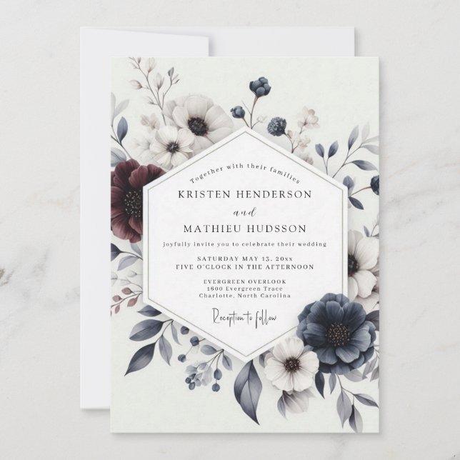 Navy Burgundy Winter Bloom Wedding Invitation (Front)