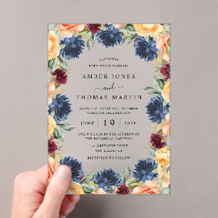 Navy Burnt Orange Burgundy Floral Wedding Acrylic Invitations