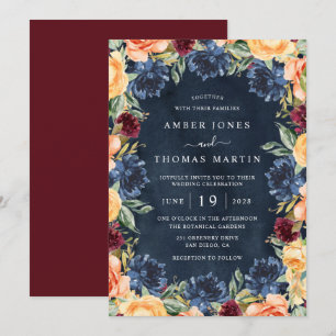 Navy Burnt Orange Burgundy Floral Wedding Invitation