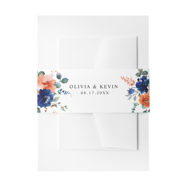 Navy Burnt Orange Floral Fall Wedding Invitation Belly Band (Front Example)