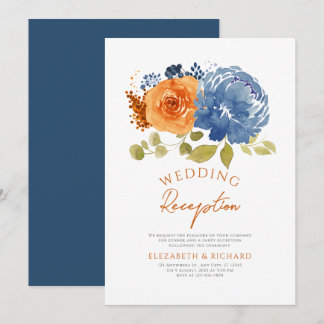 Navy Burnt Orange Floral Fall Wedding Reception Invitation